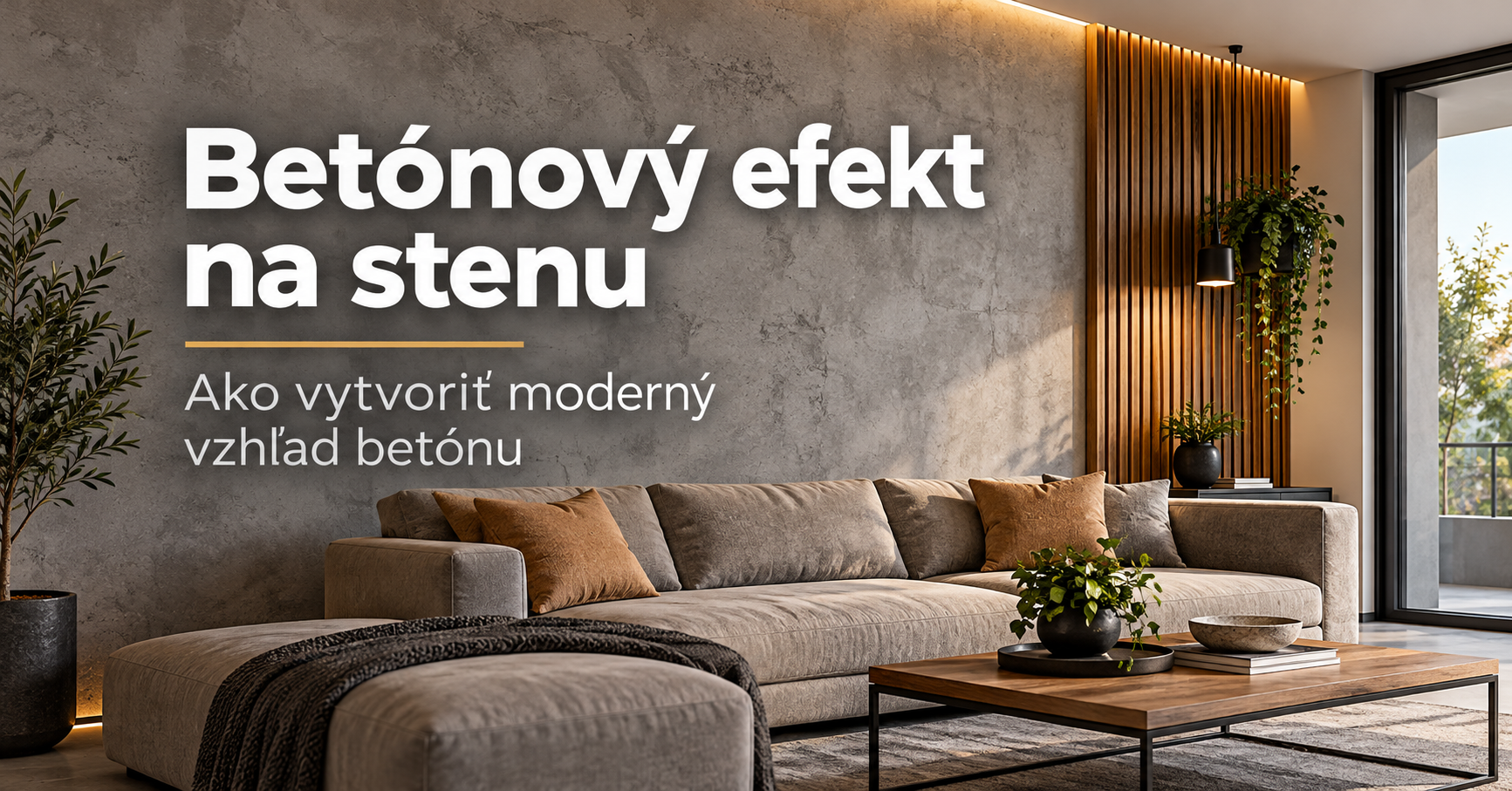 Betónový efekt na stenu v modernej obývačke – dekoratívna omietka imitujúca betón